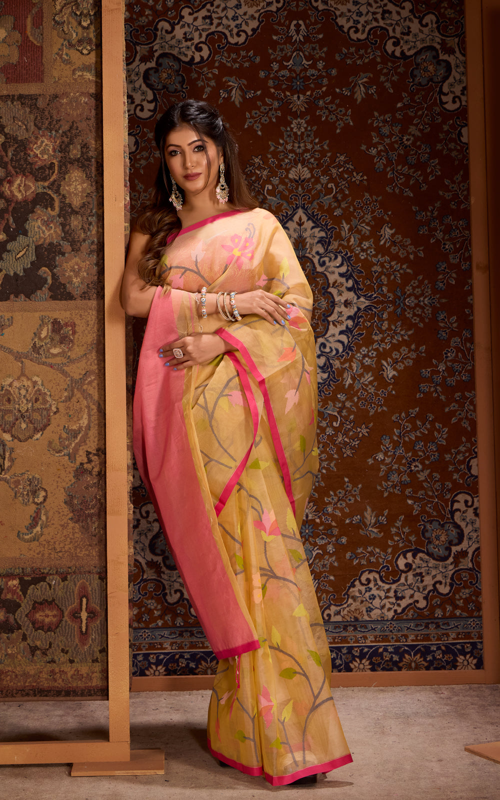 Pale Yellow  & Pink Dhaka Muslin With Jamdani Weaves