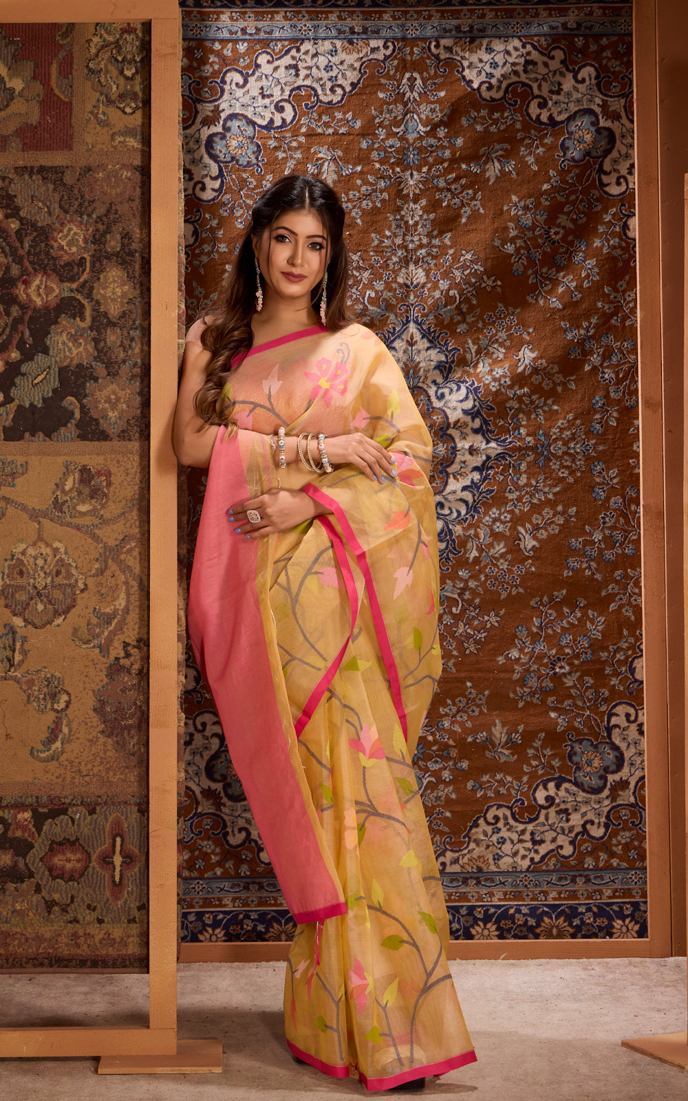 Pale Yellow  & Pink Dhaka Muslin With Jamdani Weaves