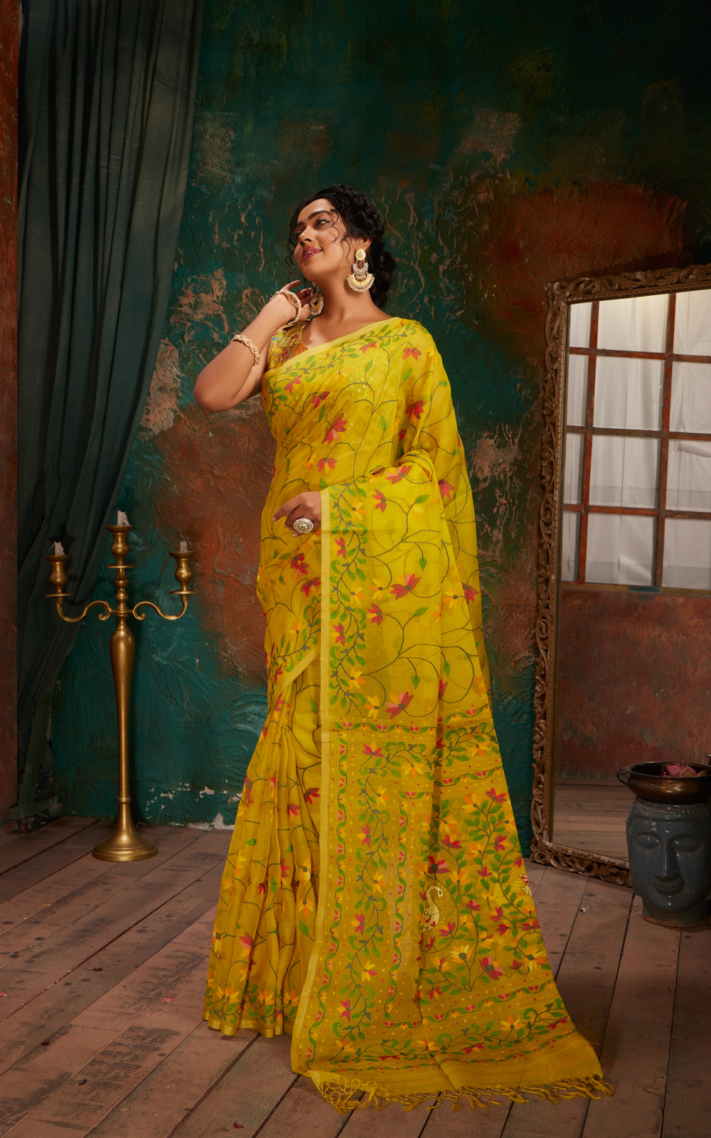 Lime Yellow Dhaka Muslin With Jamdani Weaves