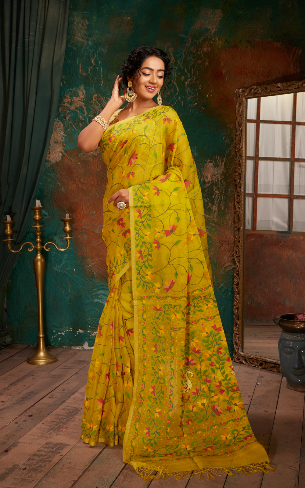 Lime Yellow Dhaka Muslin With Jamdani Weaves