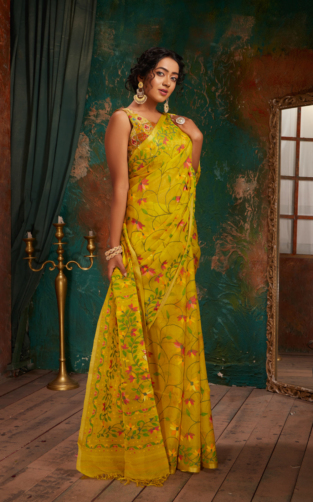 Lime Yellow Dhaka Muslin With Jamdani Weaves