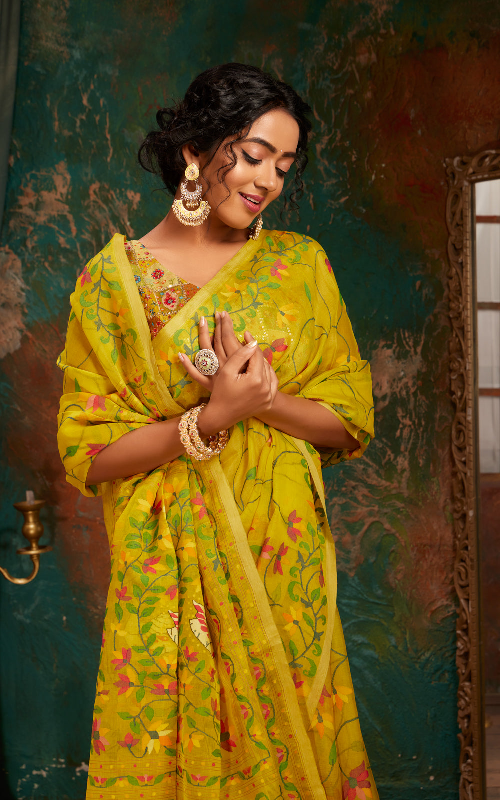 Lime Yellow Dhaka Muslin With Jamdani Weaves
