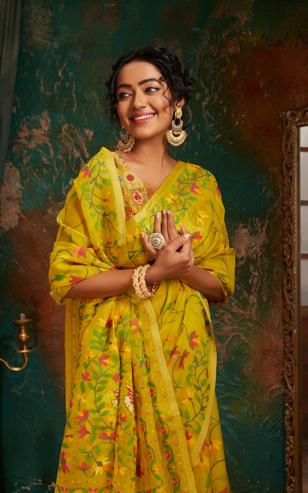 Lime Yellow Dhaka Muslin With Jamdani Weaves