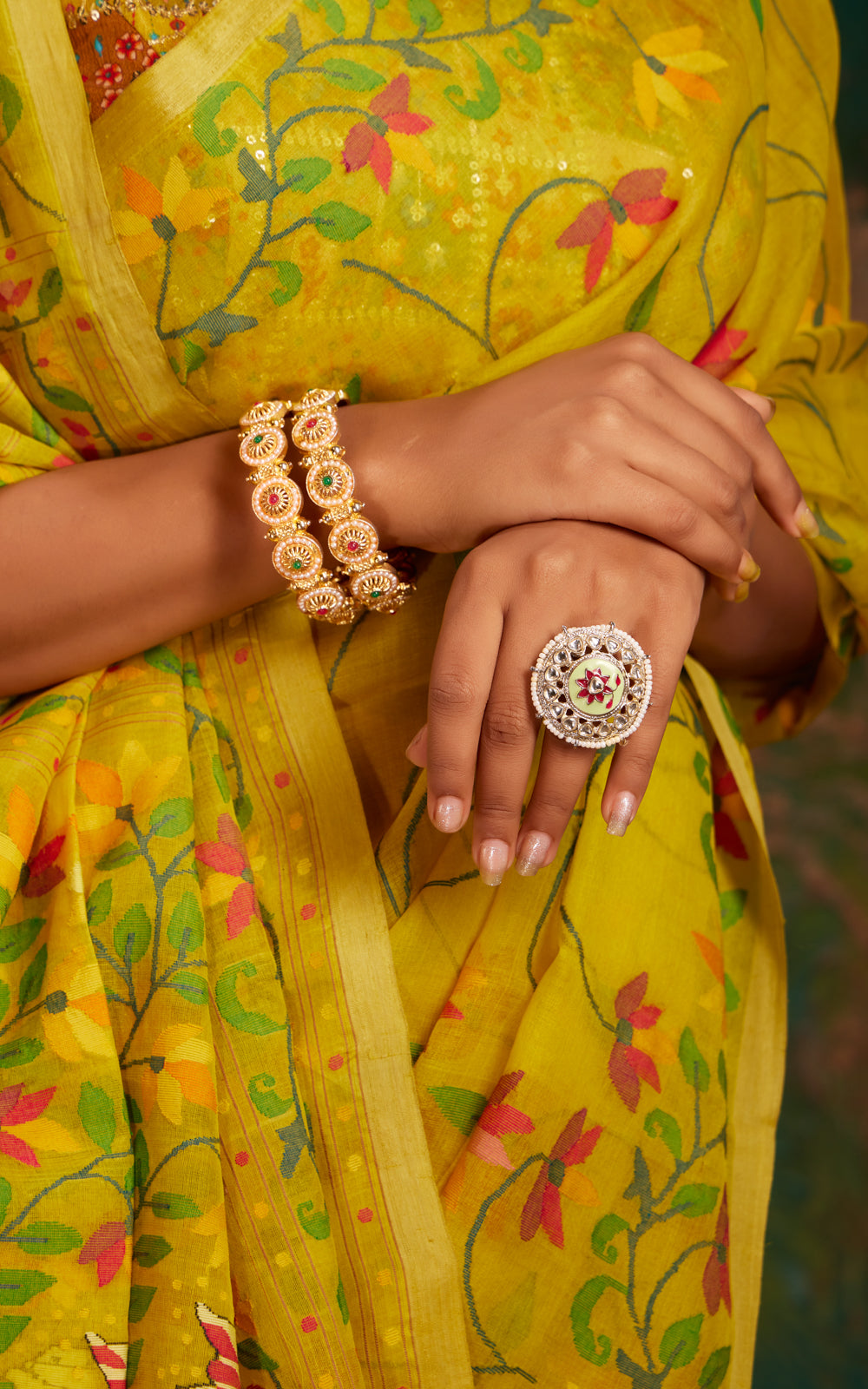 Lime Yellow Dhaka Muslin With Jamdani Weaves