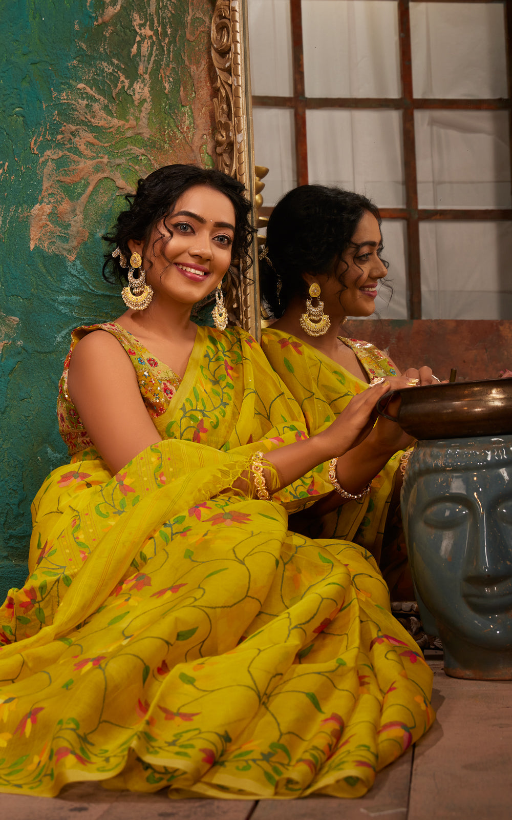 Lime Yellow Dhaka Muslin With Jamdani Weaves
