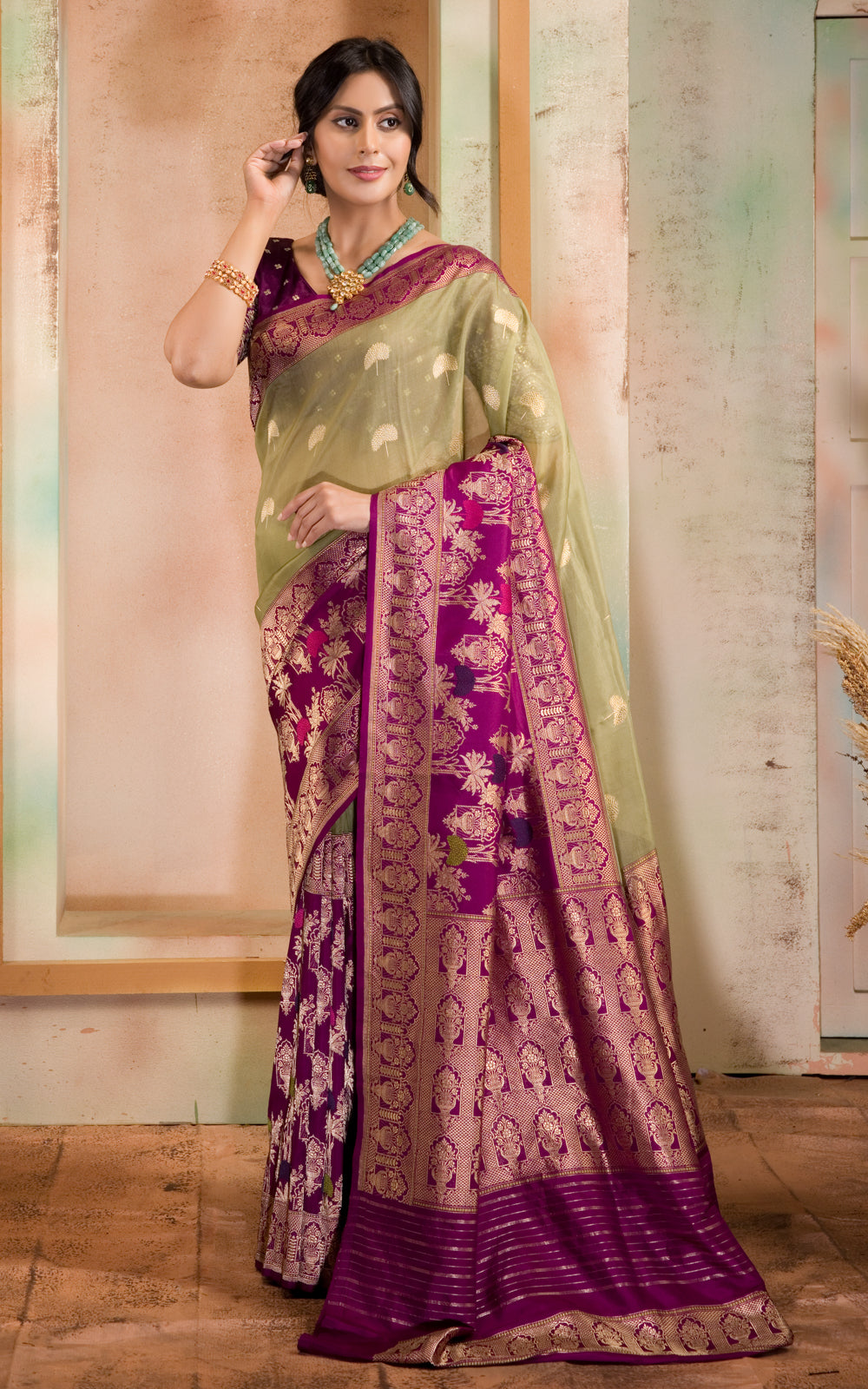 Pastel Green & Purple Iktara Kora Silk Saree With Long Skirt Type Border