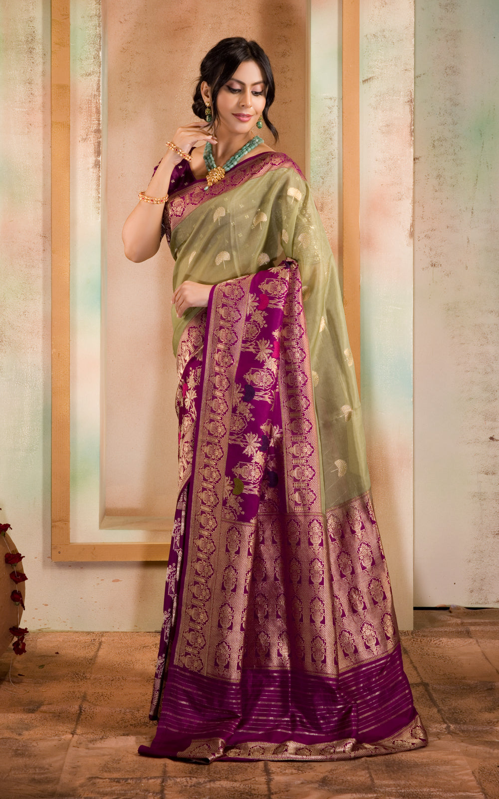 Pastel Green & Purple Iktara Kora Silk Saree With Long Skirt Type Border