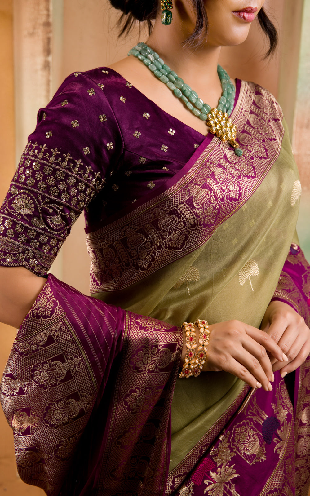 Pastel Green & Purple Iktara Kora Silk Saree With Long Skirt Type Border