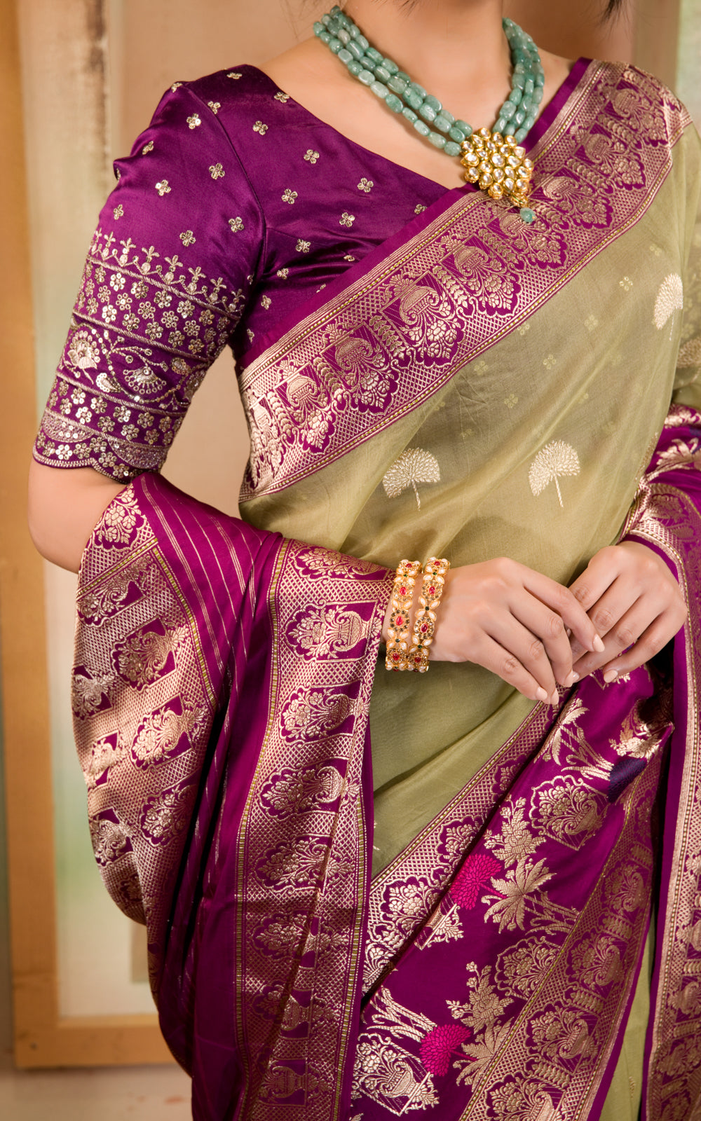 Pastel Green & Purple Iktara Kora Silk Saree With Long Skirt Type Border