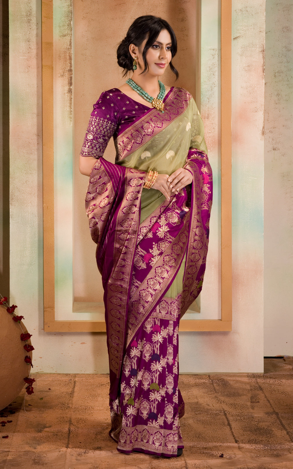 Pastel Green & Purple Iktara Kora Silk Saree With Long Skirt Type Border