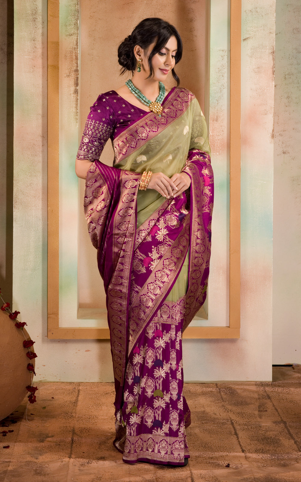 Pastel Green & Purple Iktara Kora Silk Saree With Long Skirt Type Border