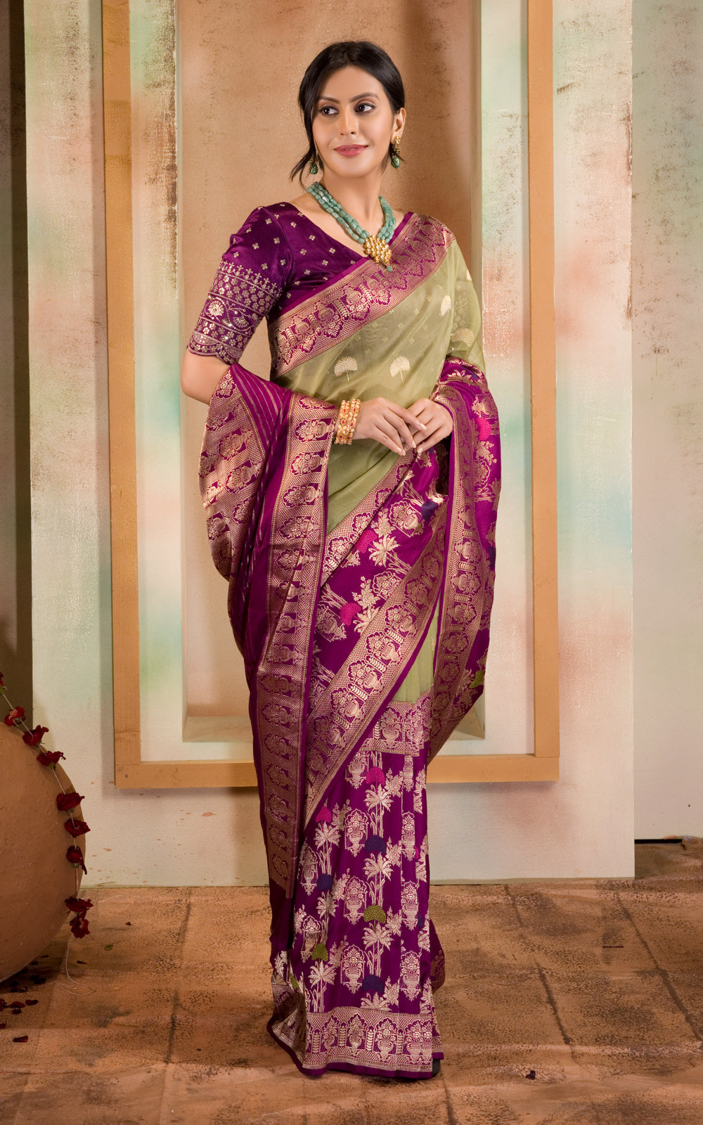 Pastel Green & Purple Iktara Kora Silk Saree With Long Skirt Type Border