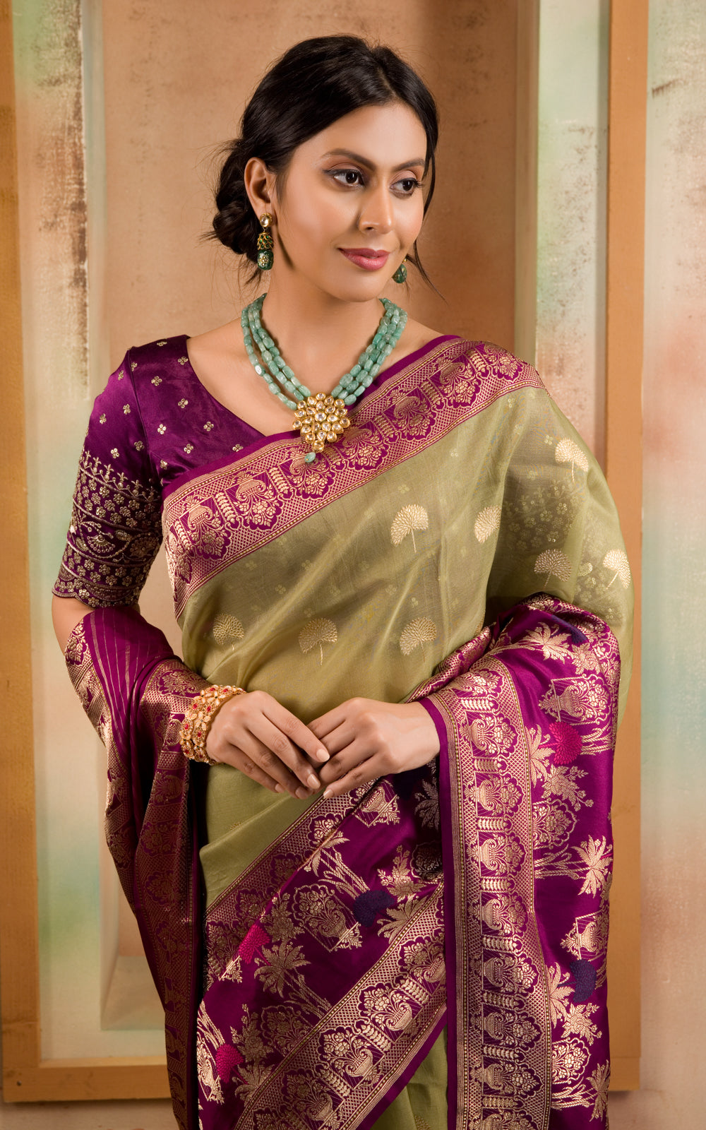 Pastel Green & Purple Iktara Kora Silk Saree With Long Skirt Type Border