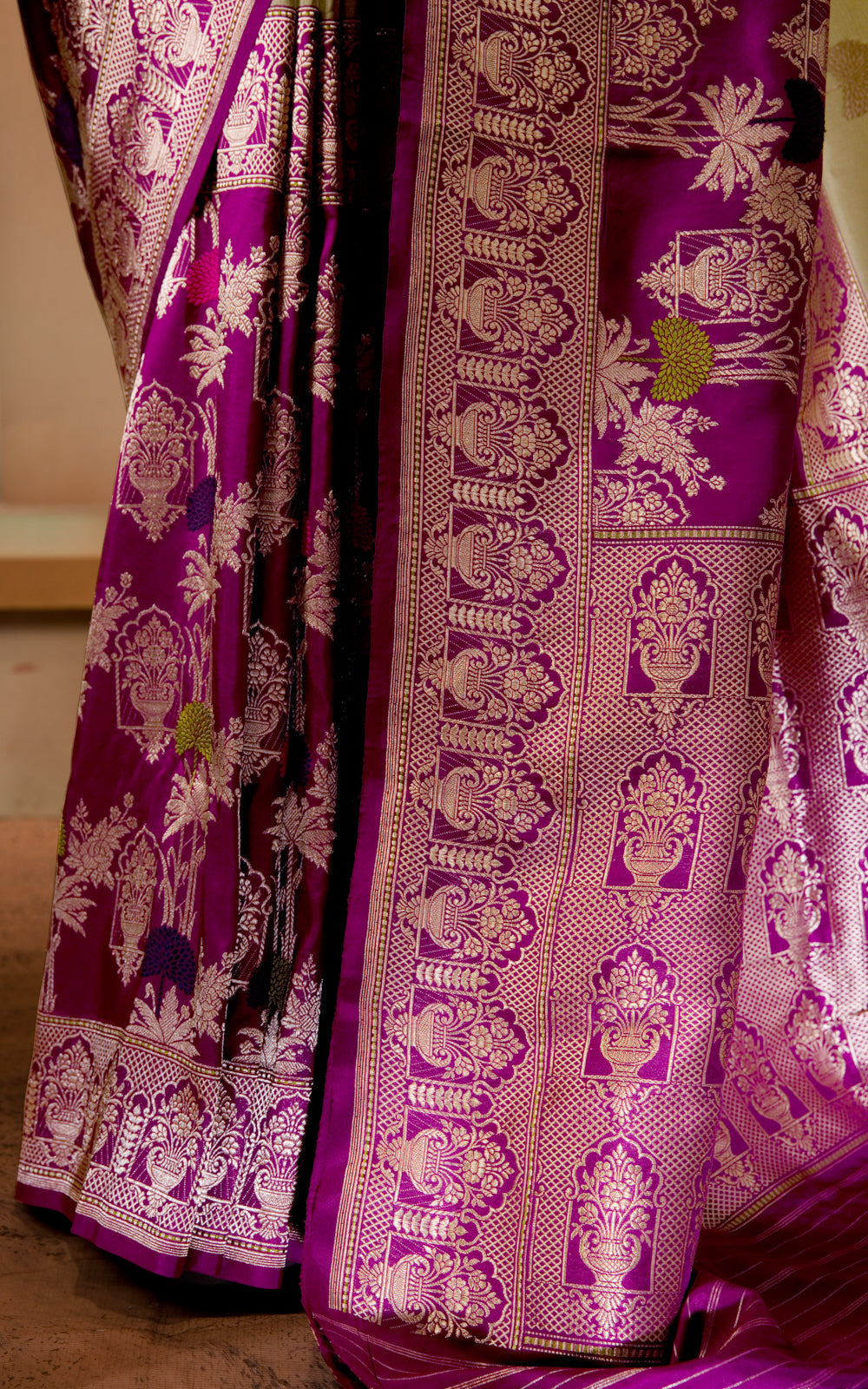 Pastel Green & Purple Iktara Kora Silk Saree With Long Skirt Type Border