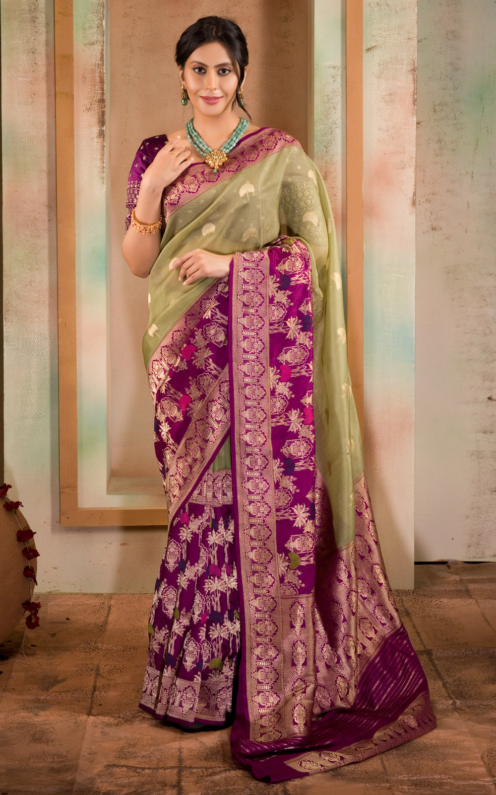 Pastel Green & Purple Iktara Kora Silk Saree With Long Skirt Type Border