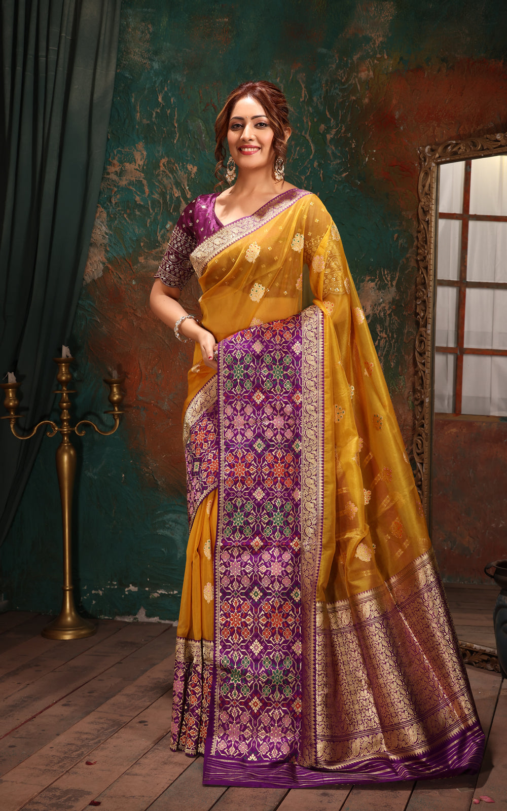 Yellow & Violet Banarasi Kora Saree With Mina Border