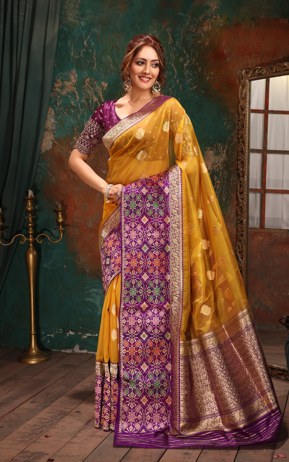 Yellow & Violet Banarasi Kora Saree With Mina Border