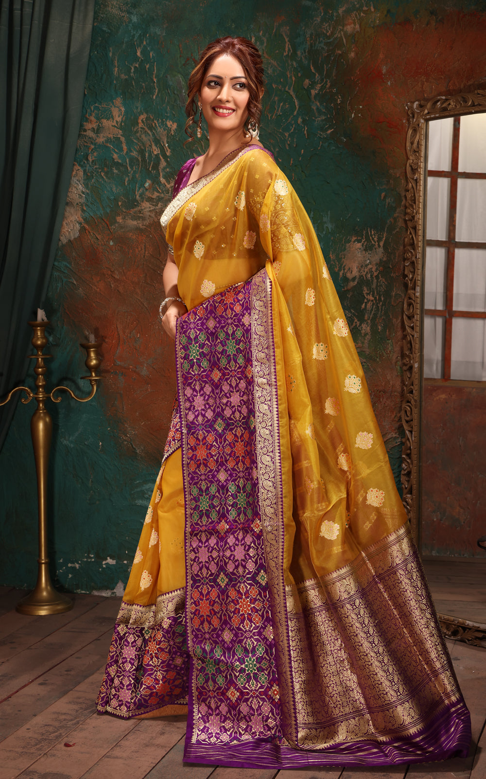 Yellow & Violet Banarasi Kora Saree With Mina Border