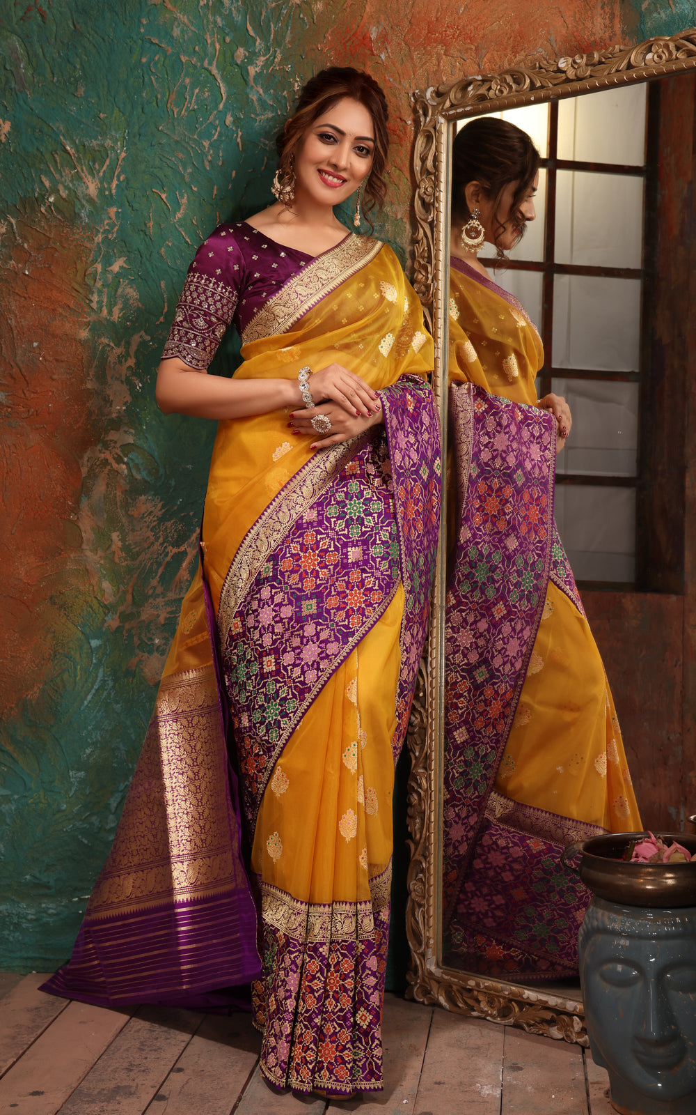 Yellow & Violet Banarasi Kora Saree With Mina Border