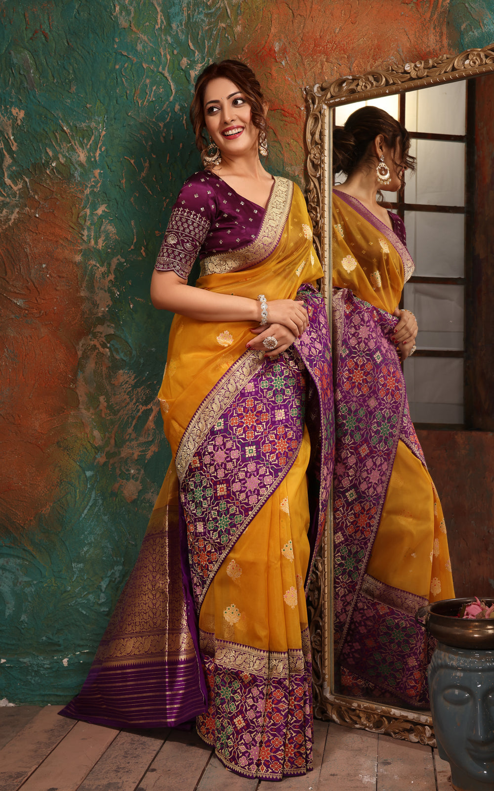 Yellow & Violet Banarasi Kora Saree With Mina Border