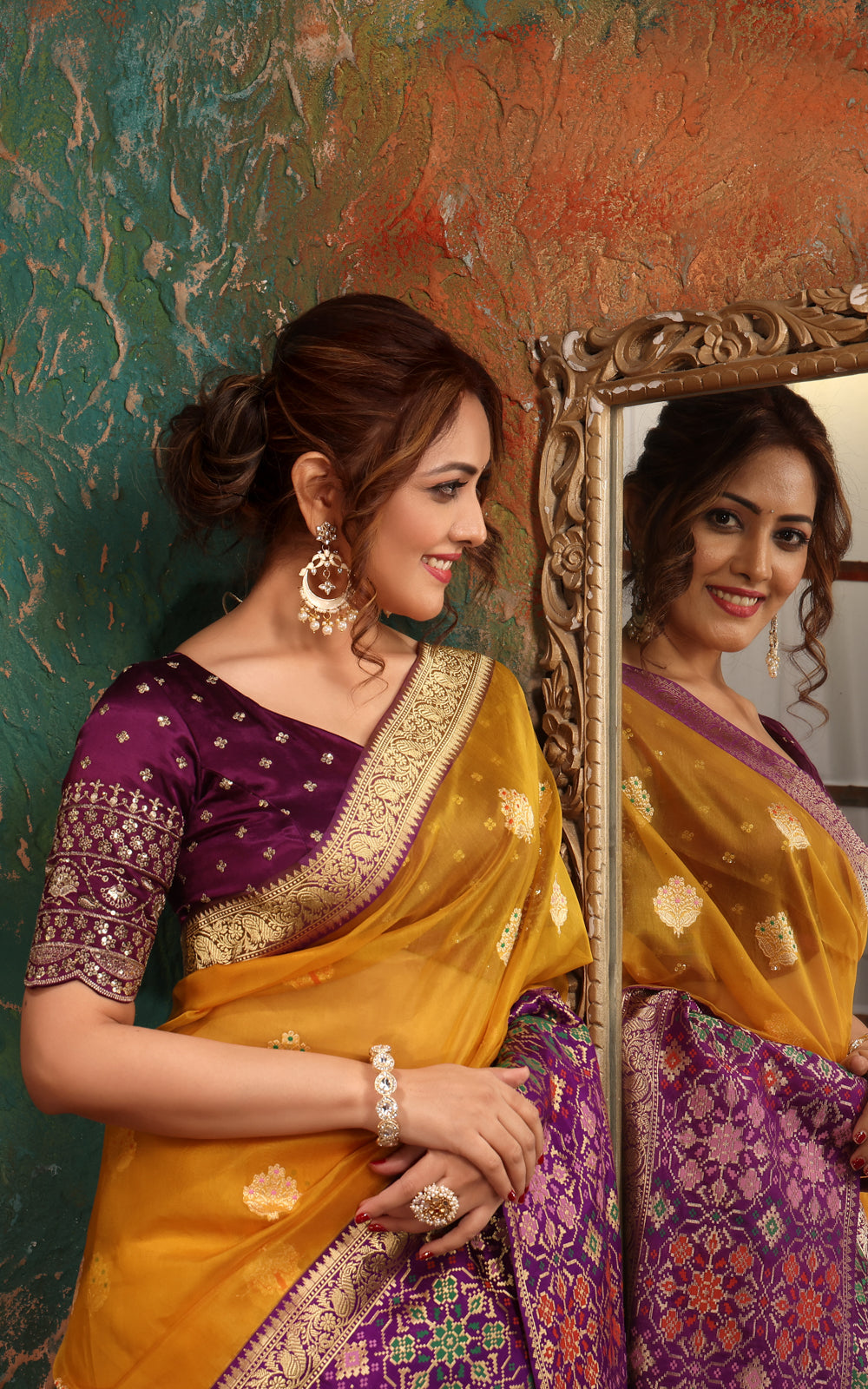 Yellow & Violet Banarasi Kora Saree With Mina Border