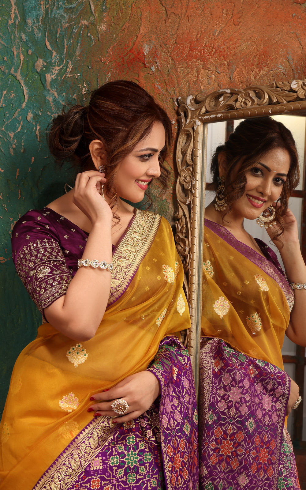 Yellow & Violet Banarasi Kora Saree With Mina Border