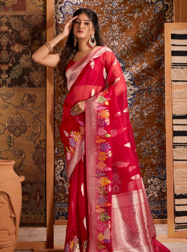 Red Banarasi Kora Saree With Rich Silver Butta
