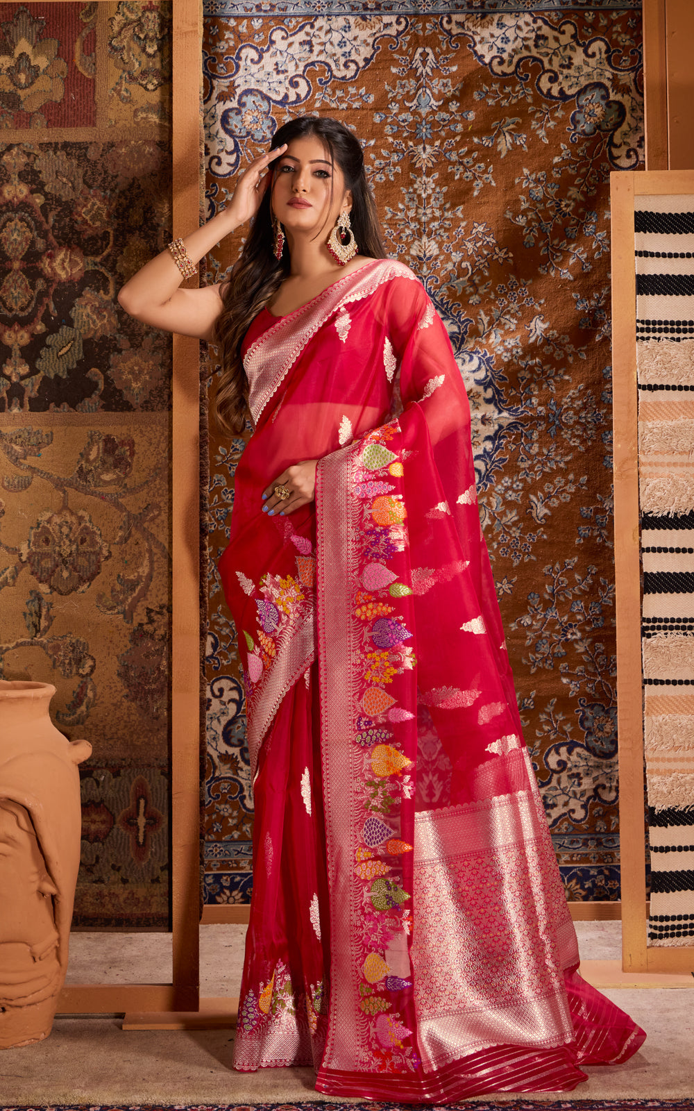Red Banarasi Kora Saree With Rich Silver Butta
