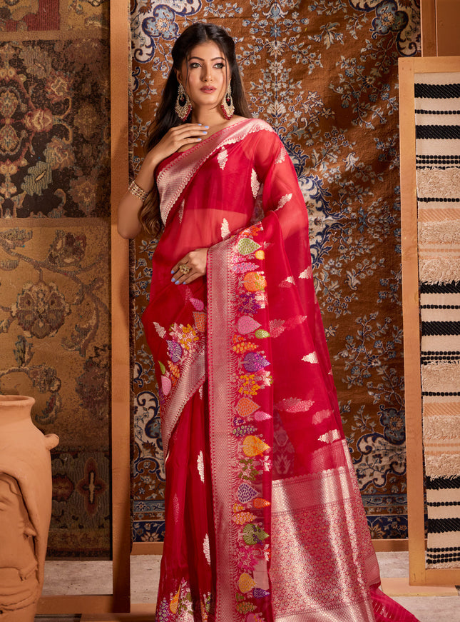 Red Banarasi Kora Saree With Rich Silver Butta