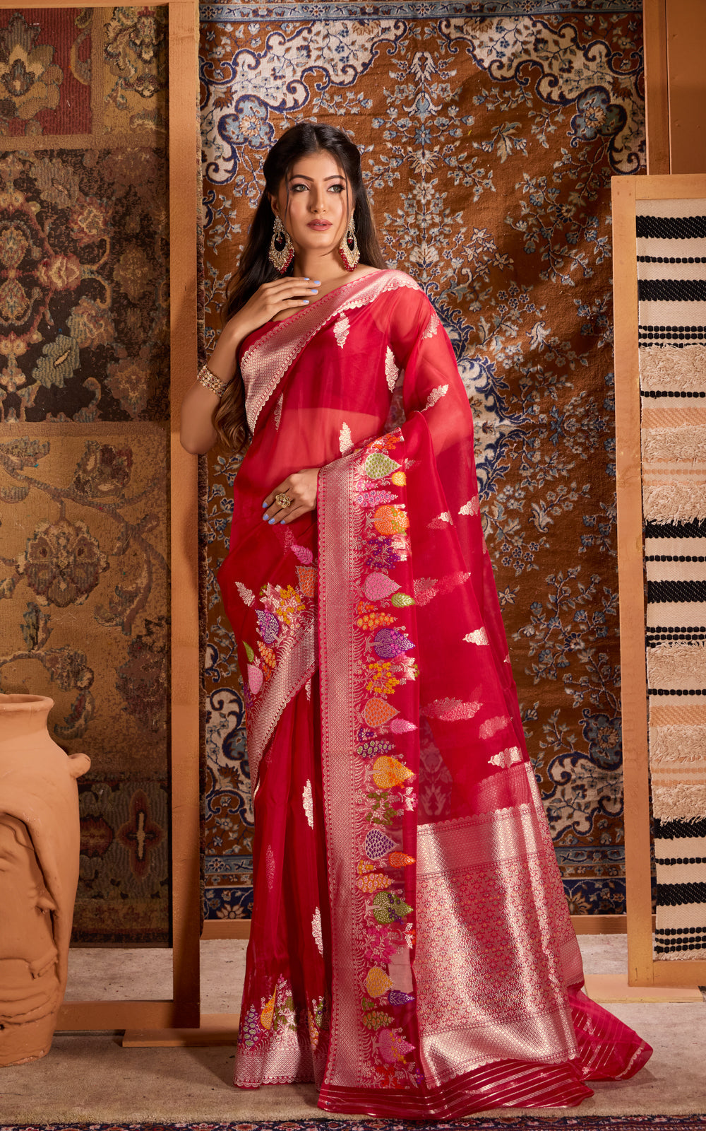 Red Banarasi Kora Saree With Rich Silver Butta