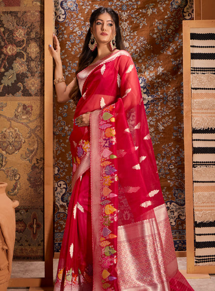Red Banarasi Kora Saree With Rich Silver Butta