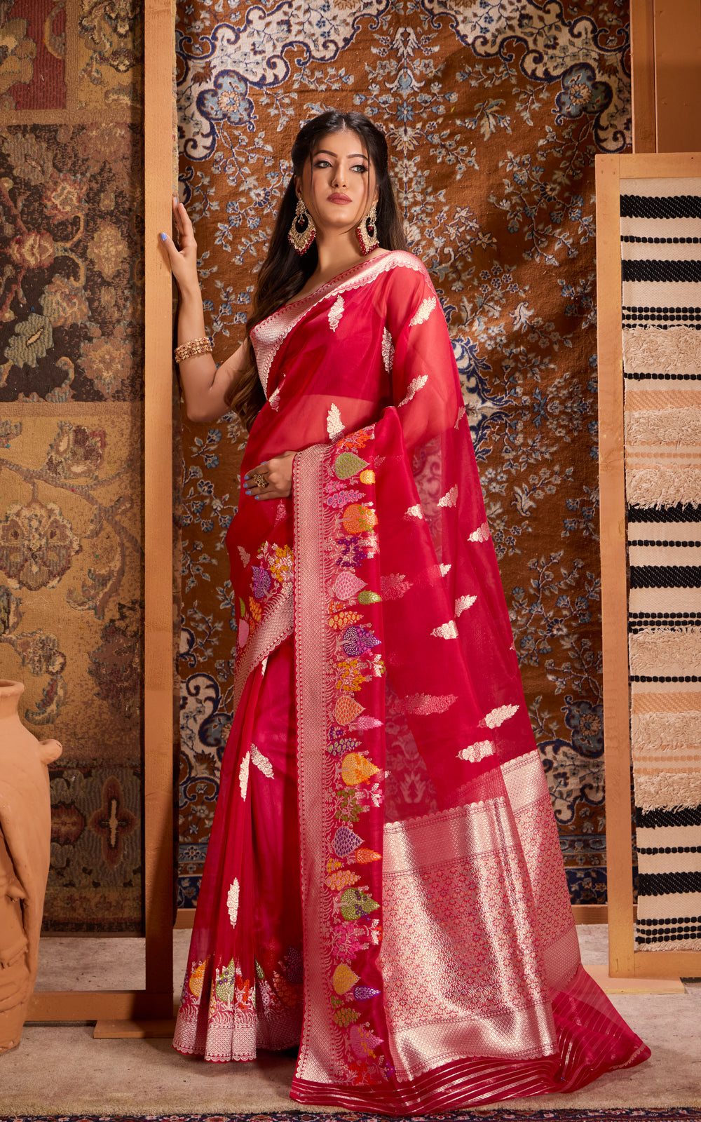 Red Banarasi Kora Saree With Rich Silver Butta