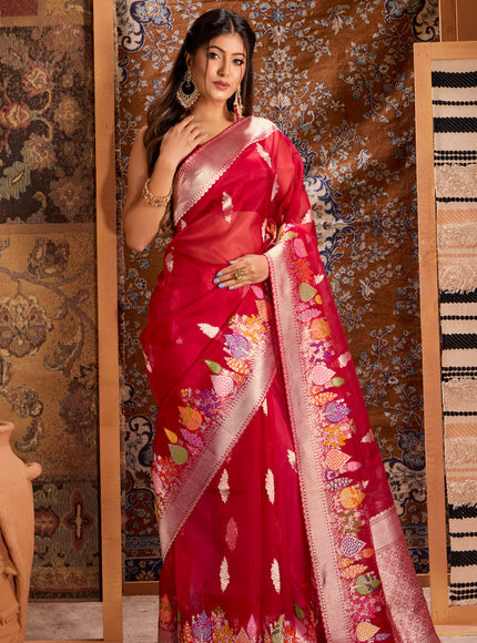 Red Banarasi Kora Saree With Rich Silver Butta