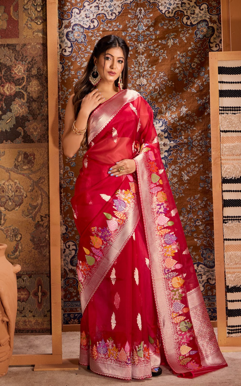 Red Banarasi Kora Saree With Rich Silver Butta