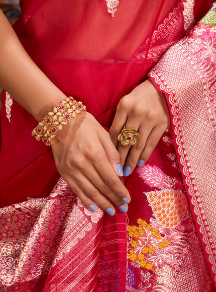 Red Banarasi Kora Saree With Rich Silver Butta