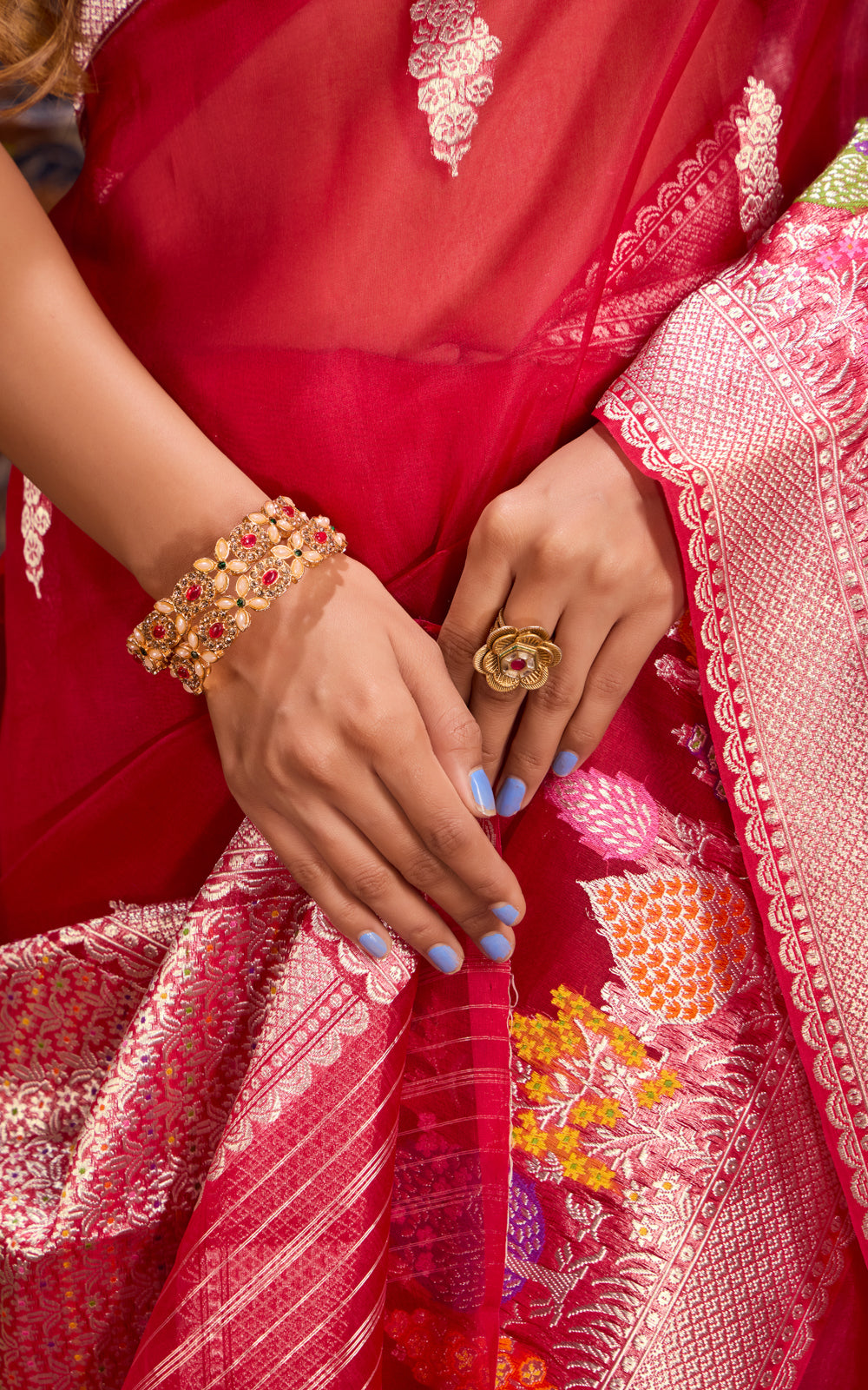 Red Banarasi Kora Saree With Rich Silver Butta