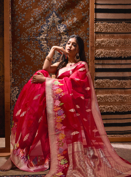 Red Banarasi Kora Saree With Rich Silver Butta