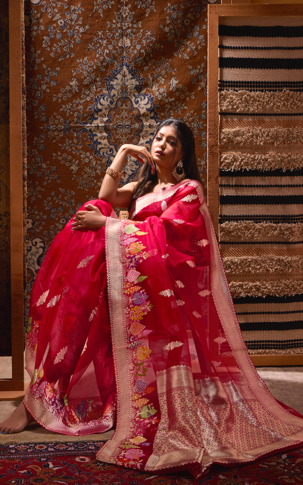 Red Banarasi Kora Saree With Rich Silver Butta
