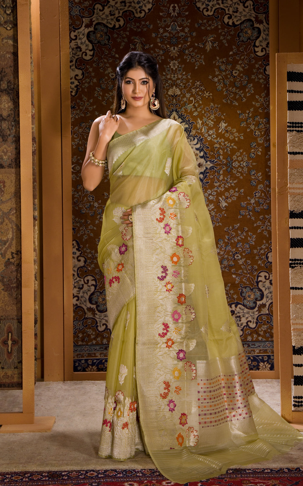 Pastel Green Banarasi Kora Saree With Floral Weaves