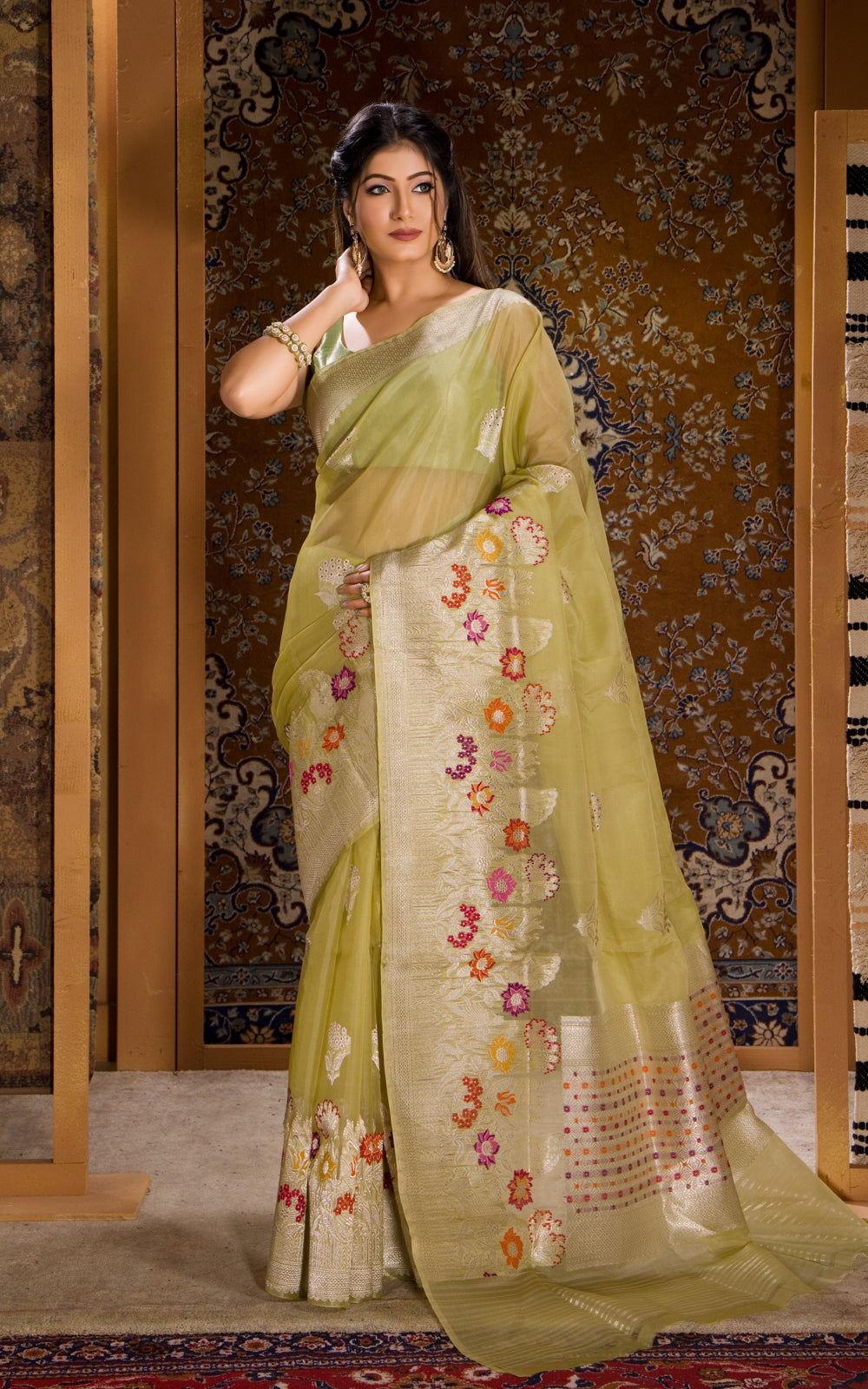 Pastel Green Banarasi Kora Saree With Floral Weaves