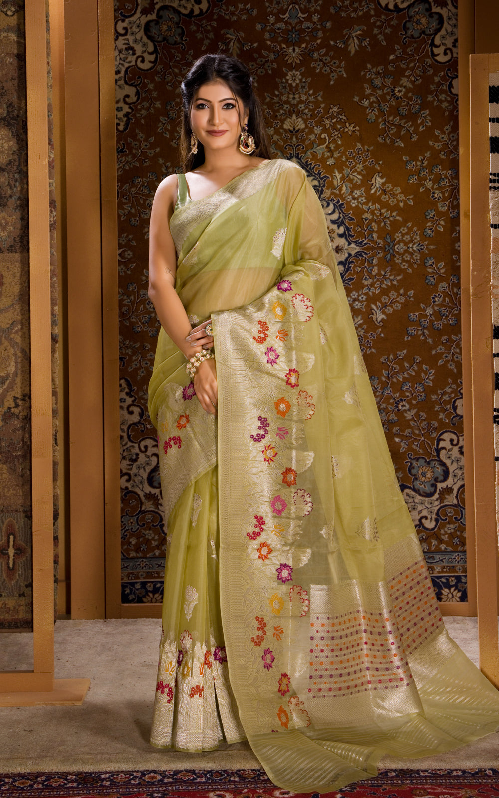 Pastel Green Banarasi Kora Saree With Floral Weaves