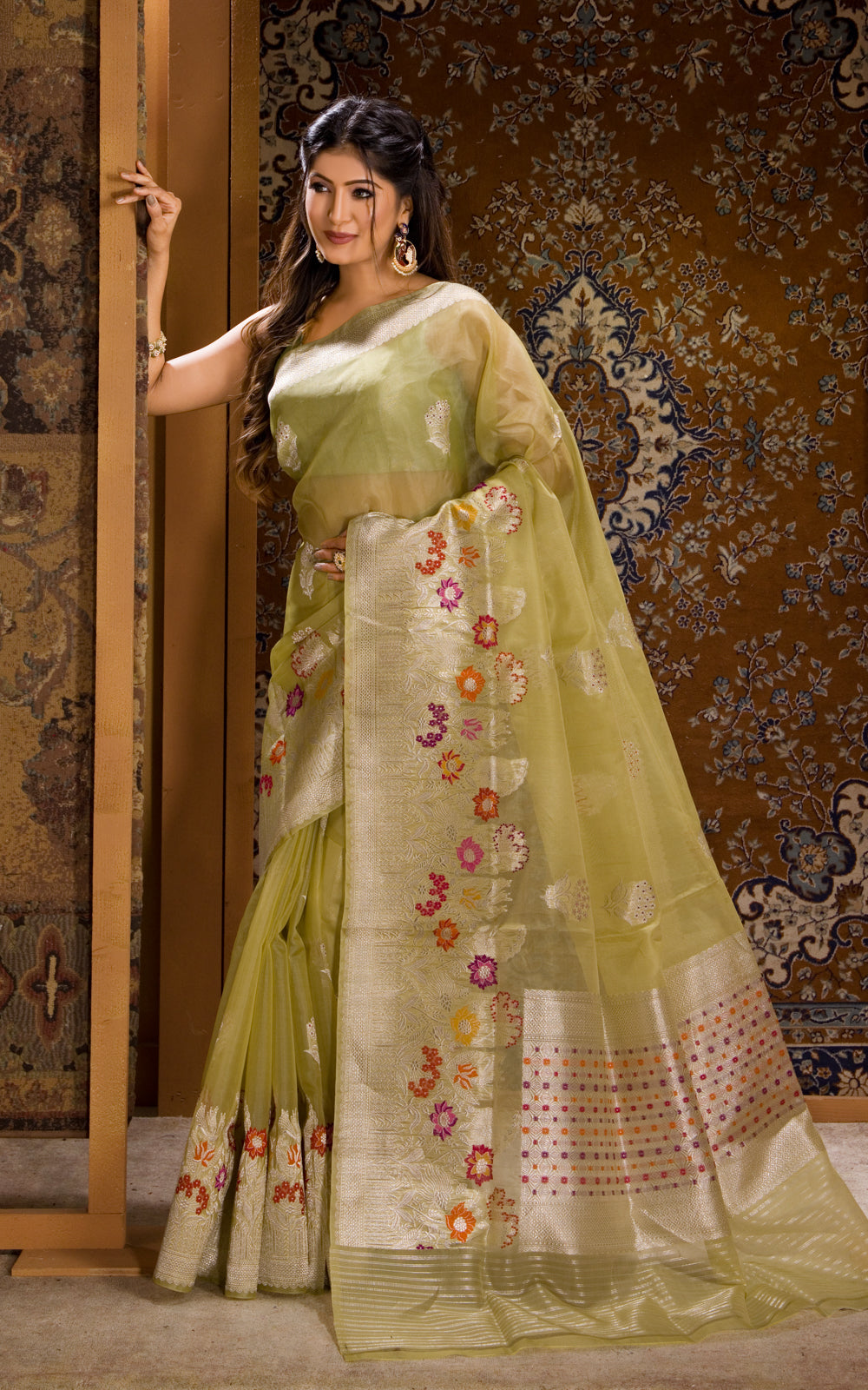 Pastel Green Banarasi Kora Saree With Floral Weaves