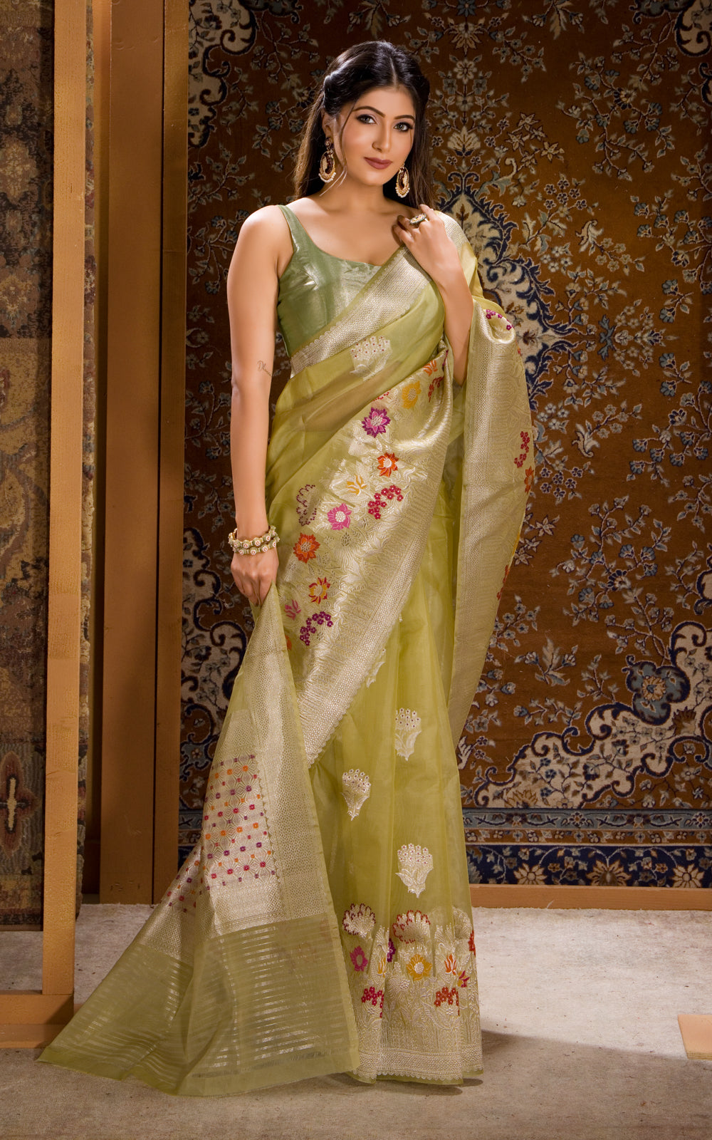 Pastel Green Banarasi Kora Saree With Floral Weaves