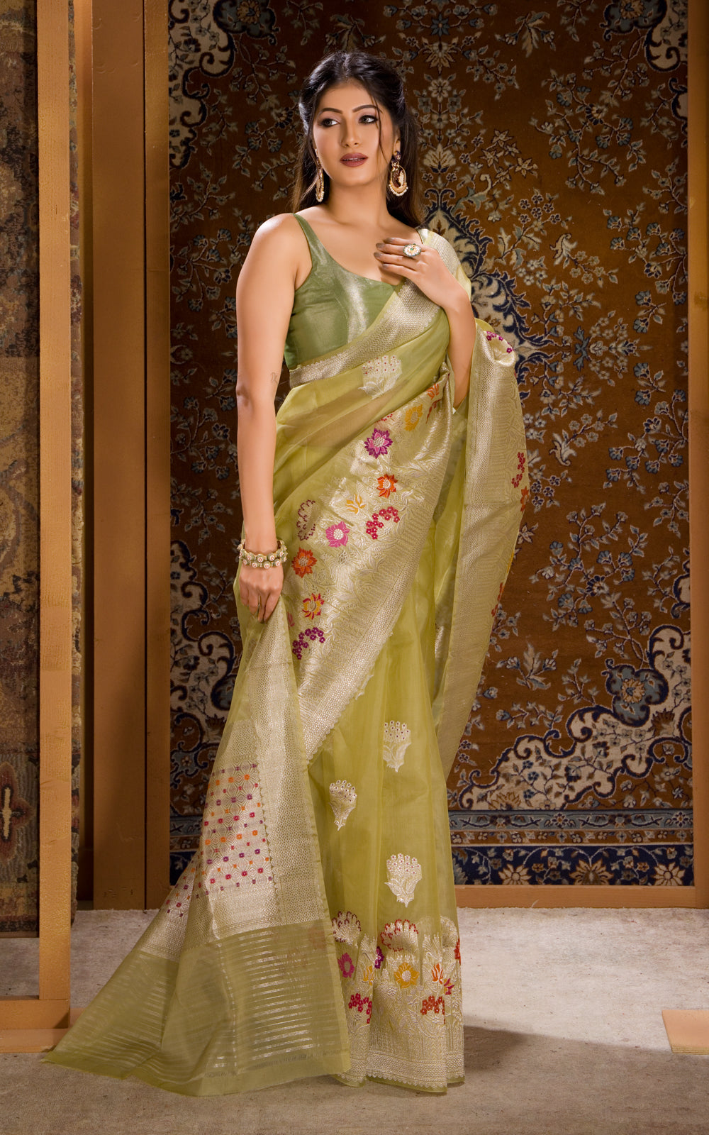 Pastel Green Banarasi Kora Saree With Floral Weaves