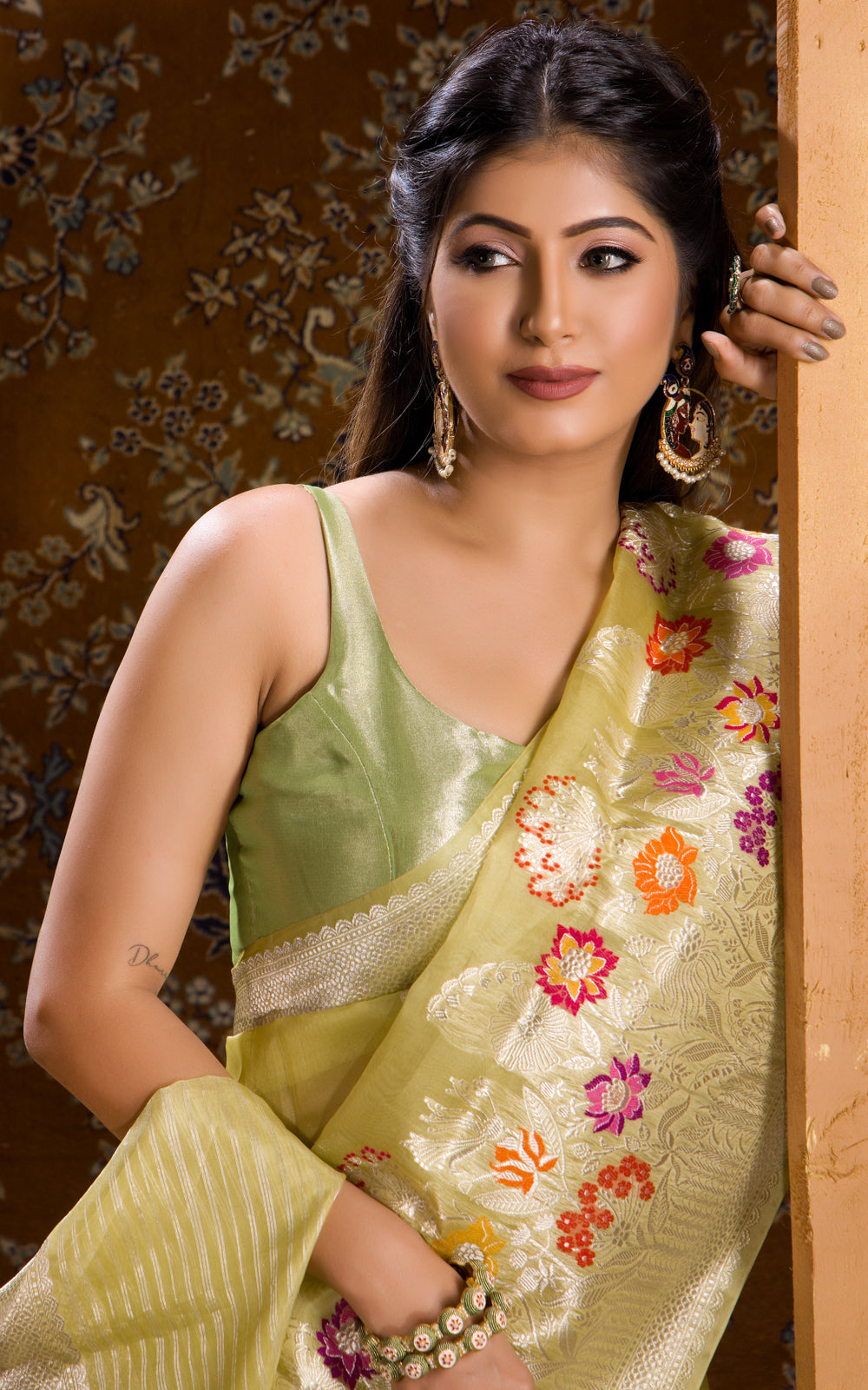 Pastel Green Banarasi Kora Saree With Floral Weaves