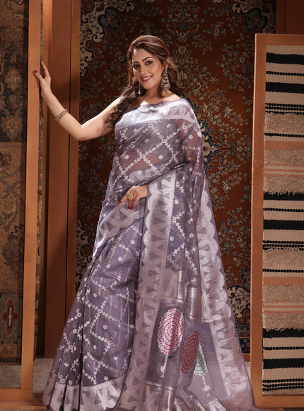 Grey Banarasi Kora Saree With Silver Zari Weaves
