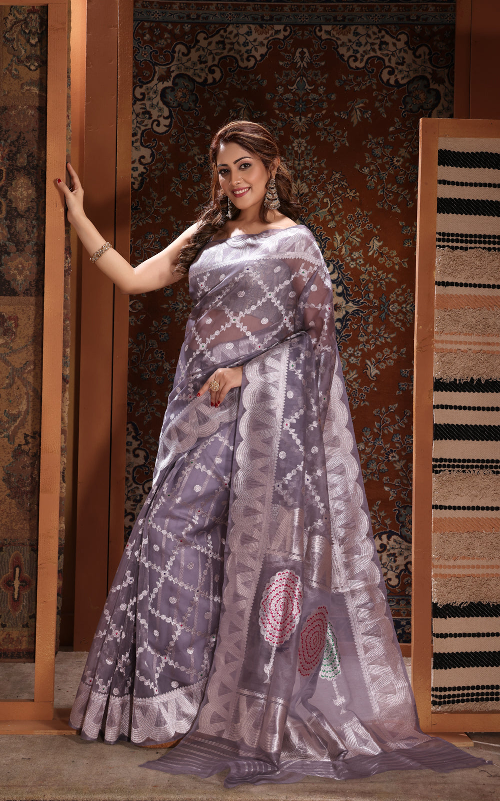 Grey Banarasi Kora Saree With Silver Zari Weaves
