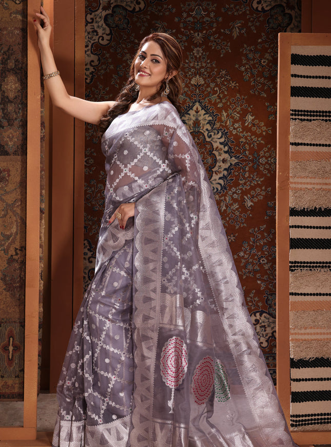Grey Banarasi Kora Saree With Silver Zari Weaves