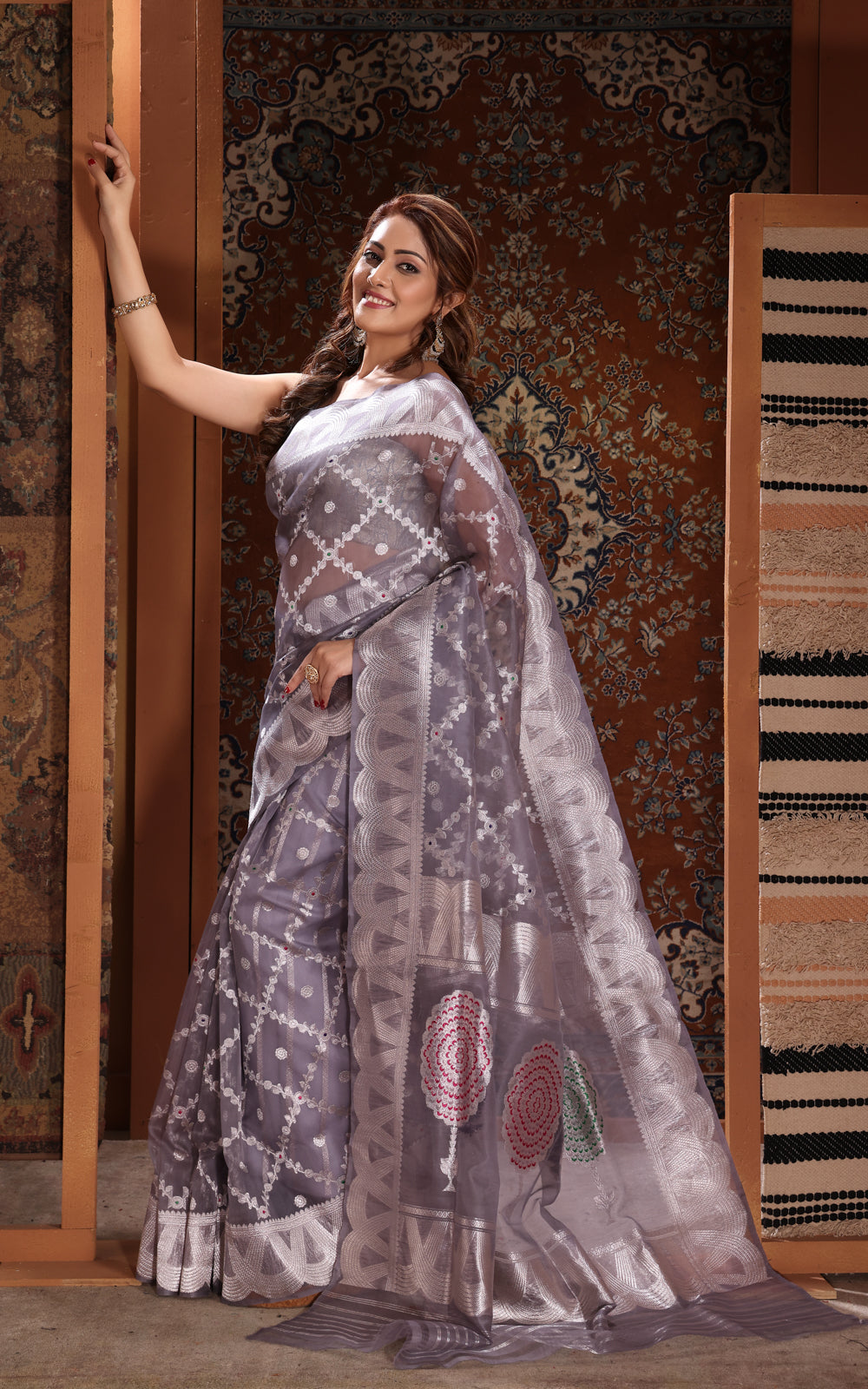 Grey Banarasi Kora Saree With Silver Zari Weaves