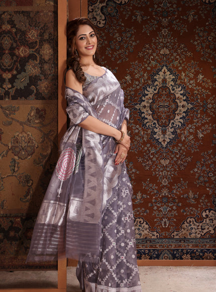Grey Banarasi Kora Saree With Silver Zari Weaves